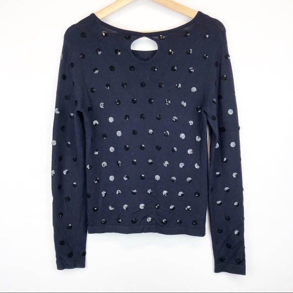 Saks Fifth Ave Navy Blue with Black‎ Sequined Polkadots Keyhole Sweater - Picture 3 of 5